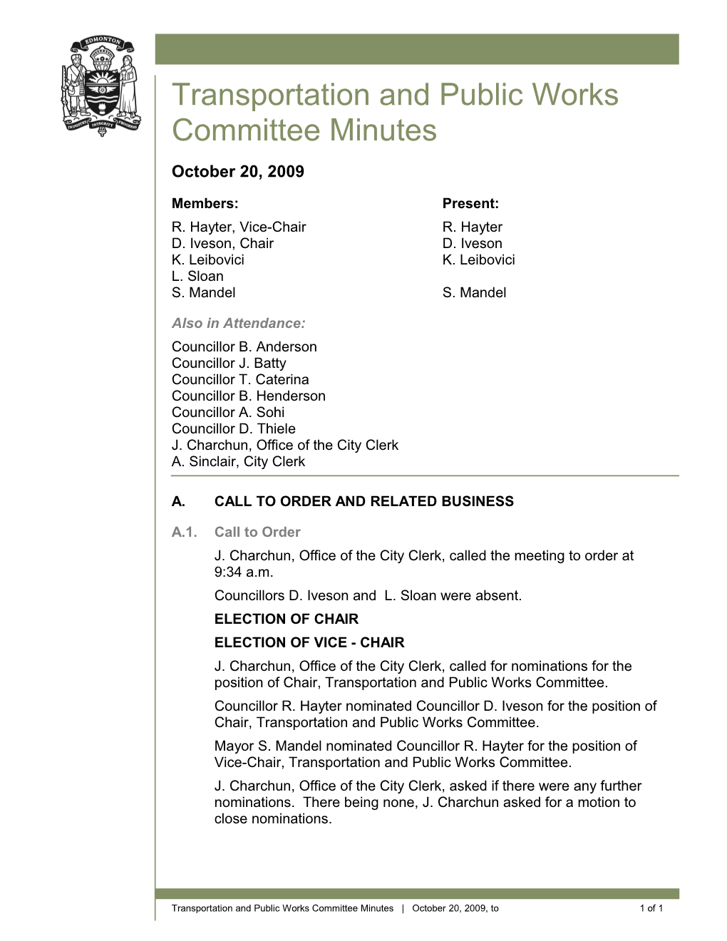 Minutes for Transportation and Public Works Committee October 20, 2009 Meeting