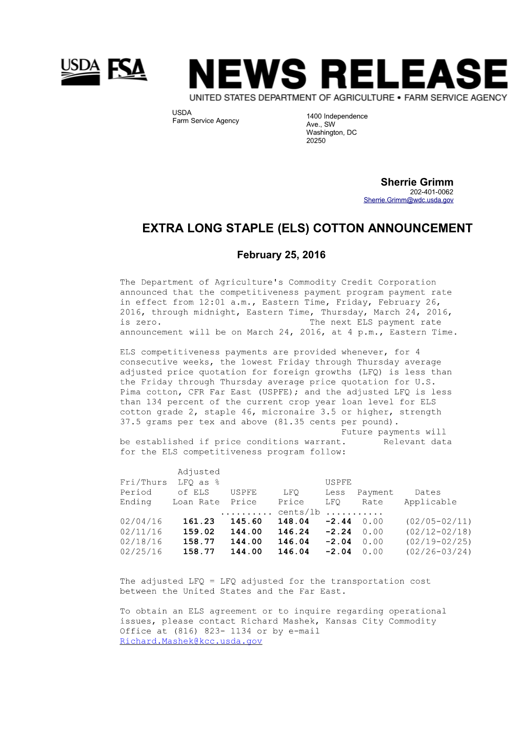 Extra Long Staple (Els) Cotton Announcement