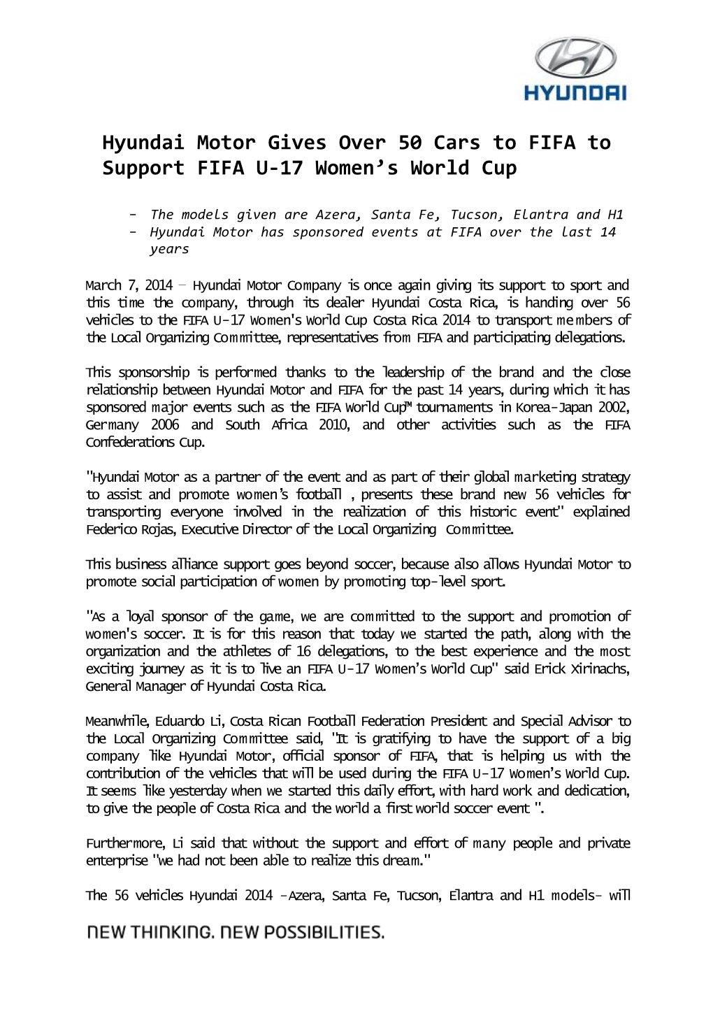 Hyundai Motor Gives Over 50 Cars to FIFA to Support FIFA U-17 Women S World Cup