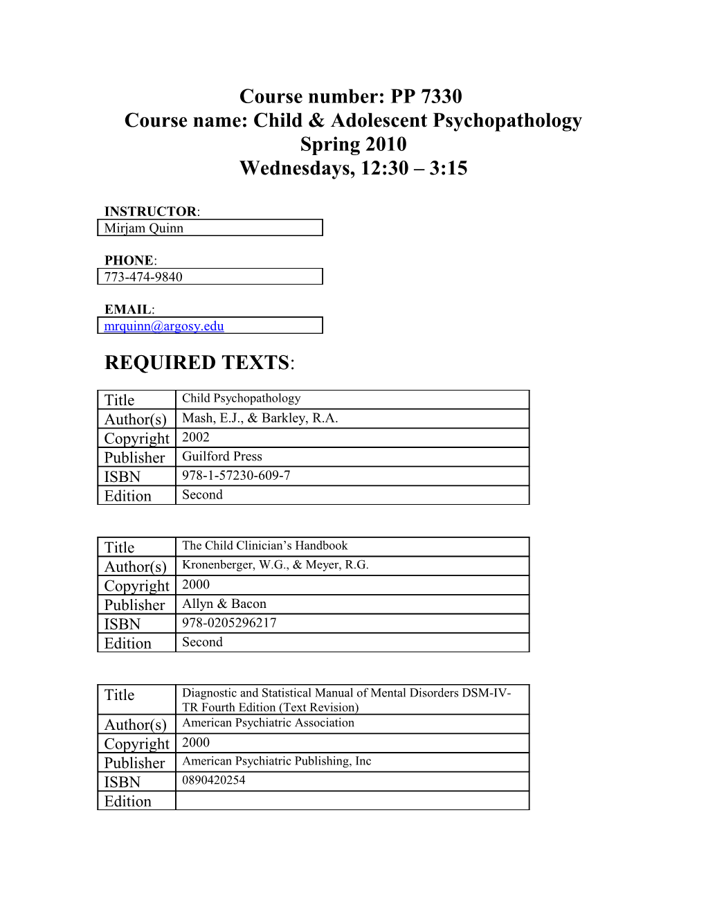 Course Name: Child & Adolescent Psychopathology