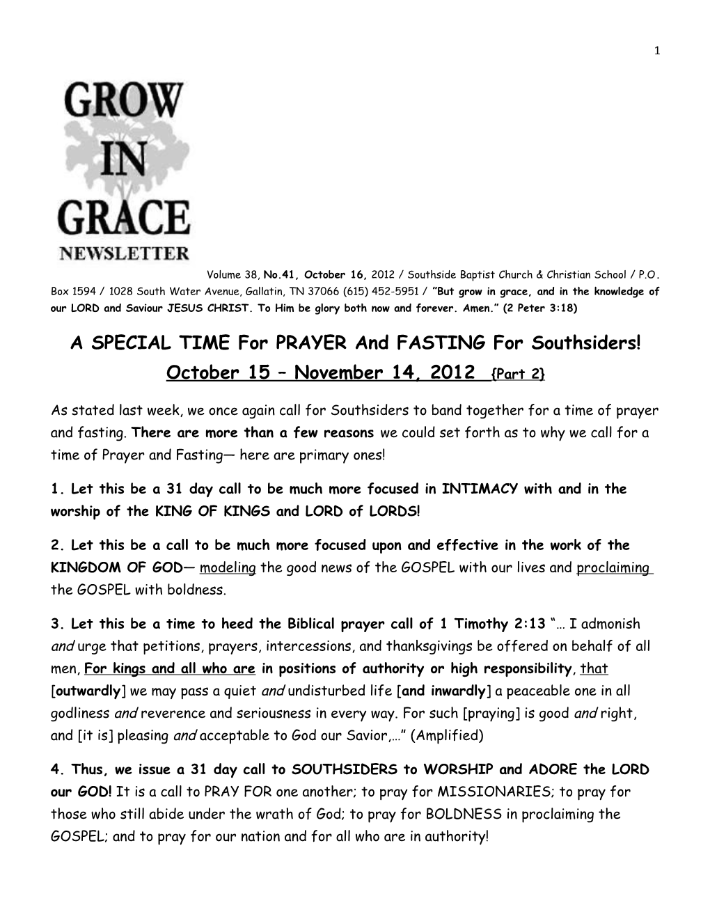 A SPECIAL TIME for PRAYER and FASTING for Southsiders! October 15 November 14, 2012 Part 2