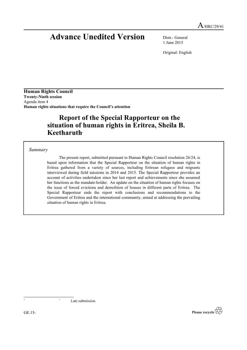 Report of the Special Rapporteur on the Situation of Human Rights in Eritrea in English