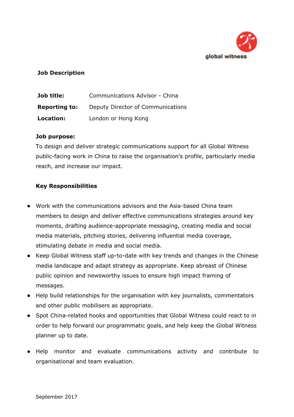 Job Title:Communications Advisor - China