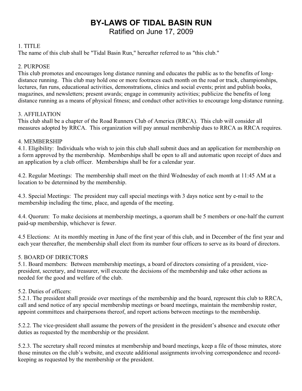 Draft By-Laws of Tidal Basin Run