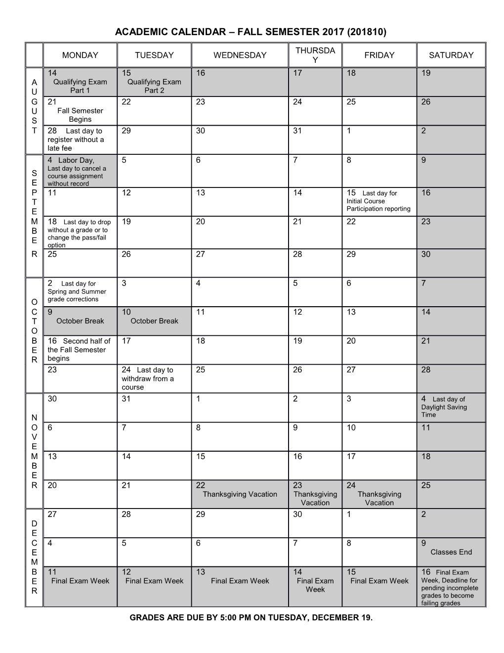 Academic Calendar Fall Semester 2002