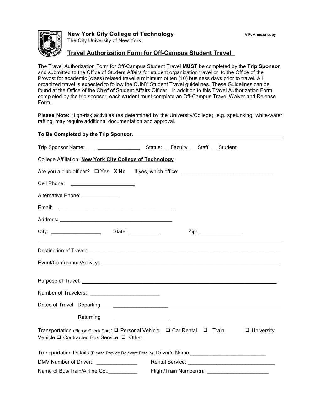 Travel Authorization Form for Off-Campus Student Travel