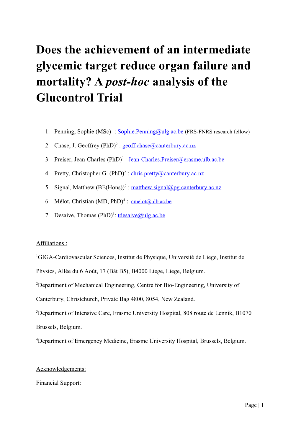 Organ Failure, Mortality and Glycemic Control in the Glucontrol Study