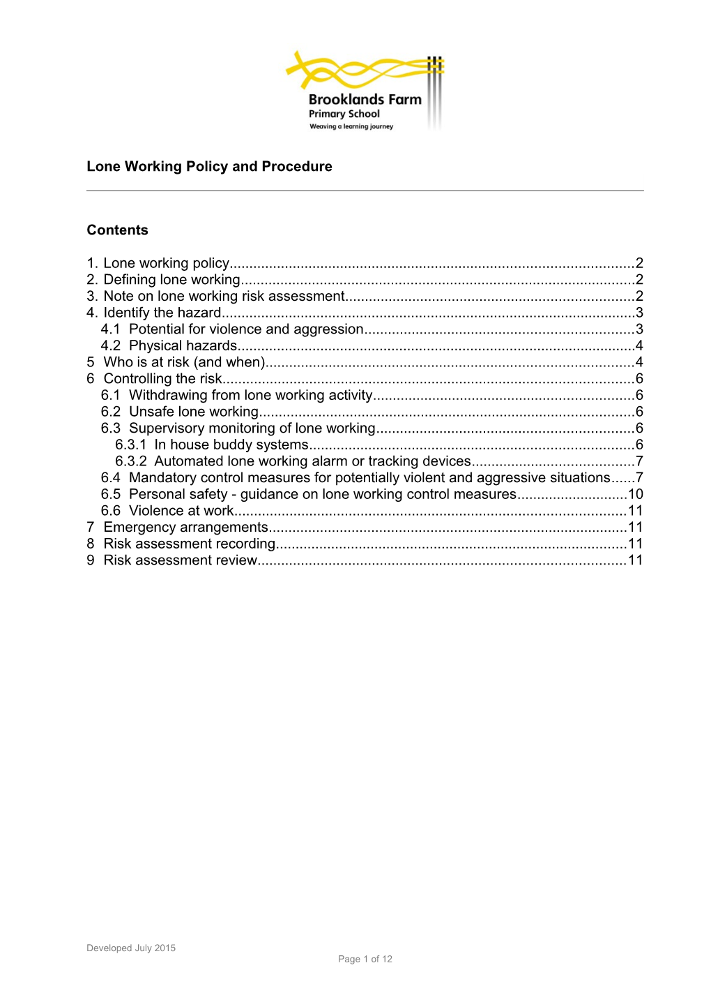 P617 Lone Working Policy and Guidance for Managers