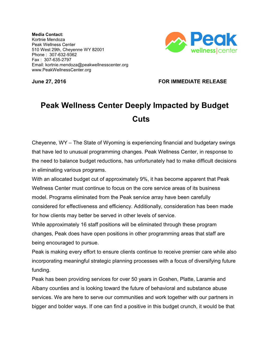 Peak Wellness Center Deeply Impacted by Budget Cuts
