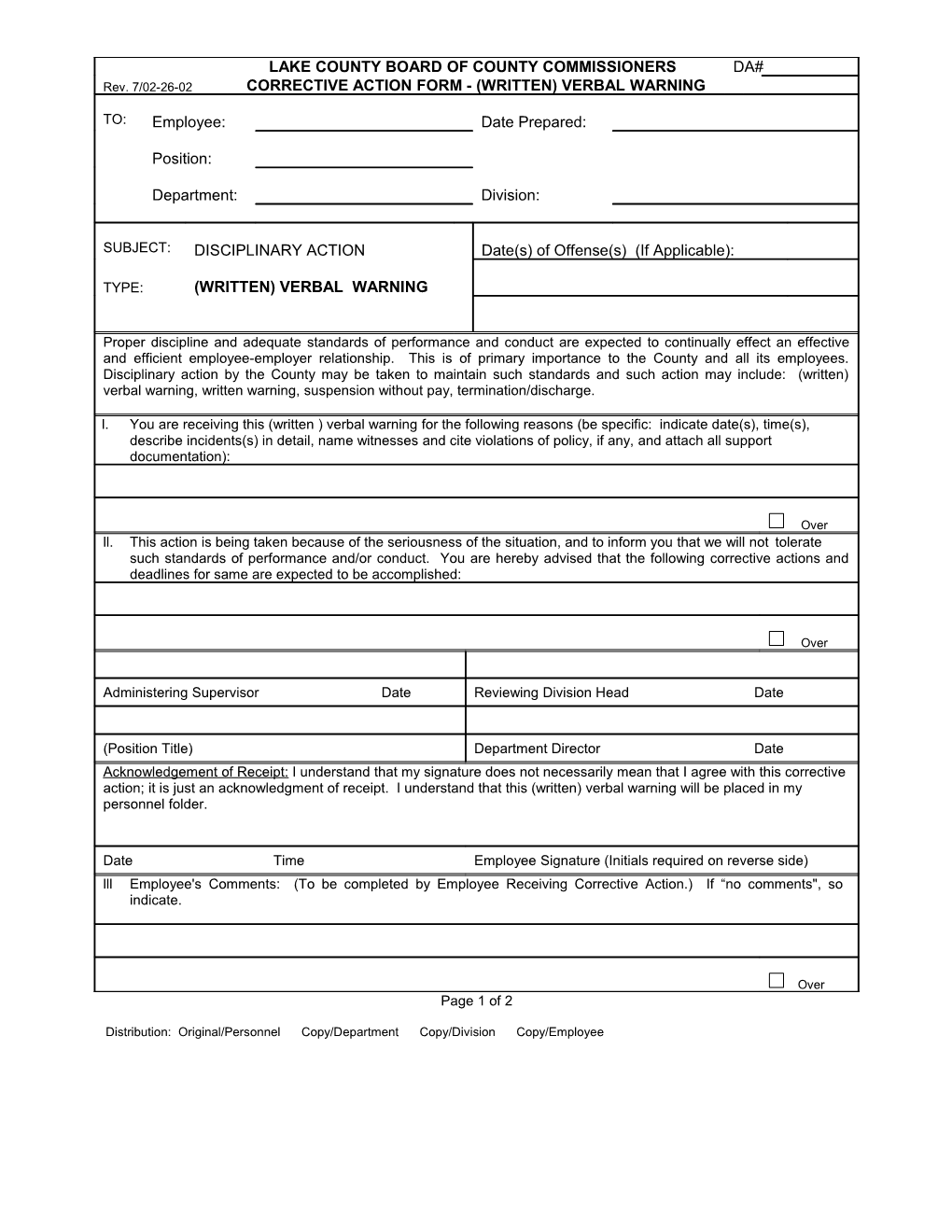 Corrective Action Form (Firefighters and Lieutenants Only) - Verbal Warning