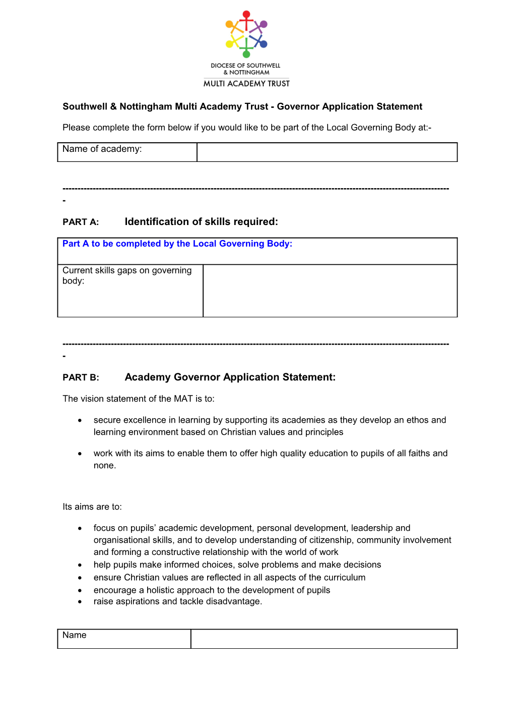 Southwell & Nottingham Multi Academy Trust - Governor Application Statement