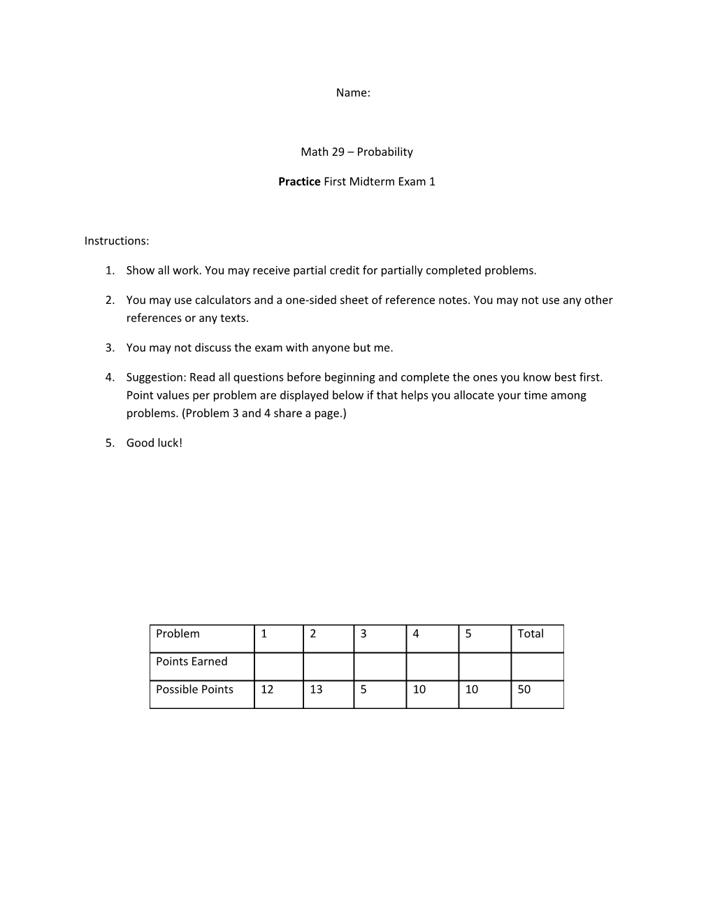 Practice First Midterm Exam 1