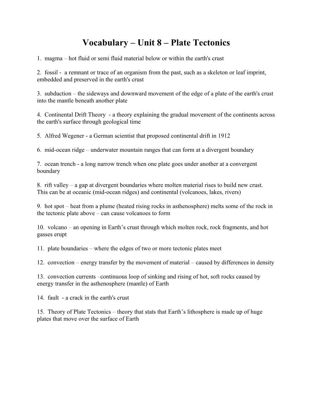 Vocabulary Unit 8 Plate Tectonics