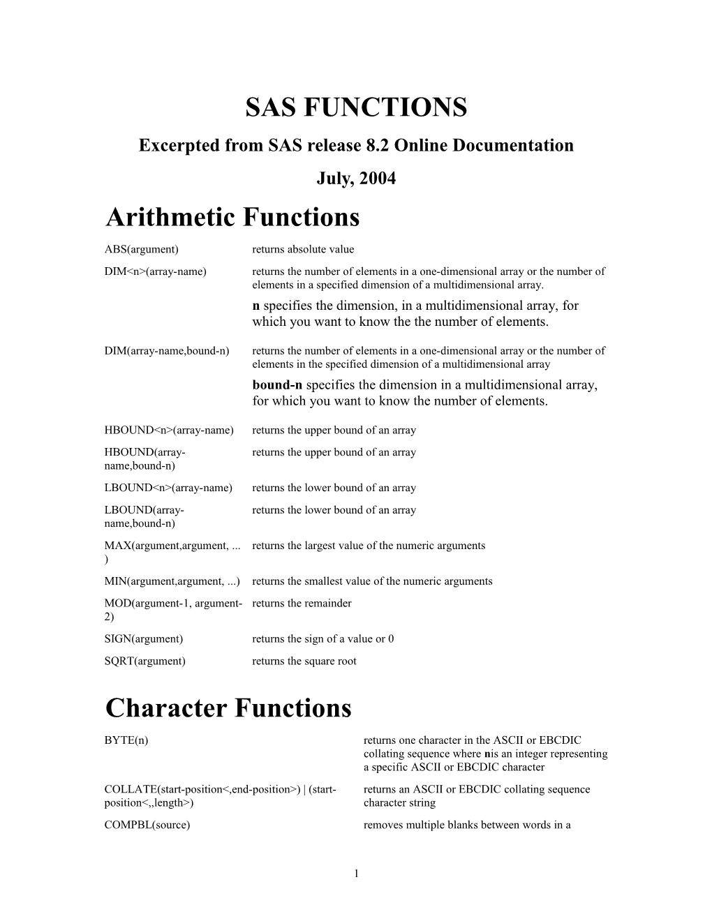 SAS FUNCTIONS: Arithmetic Functions