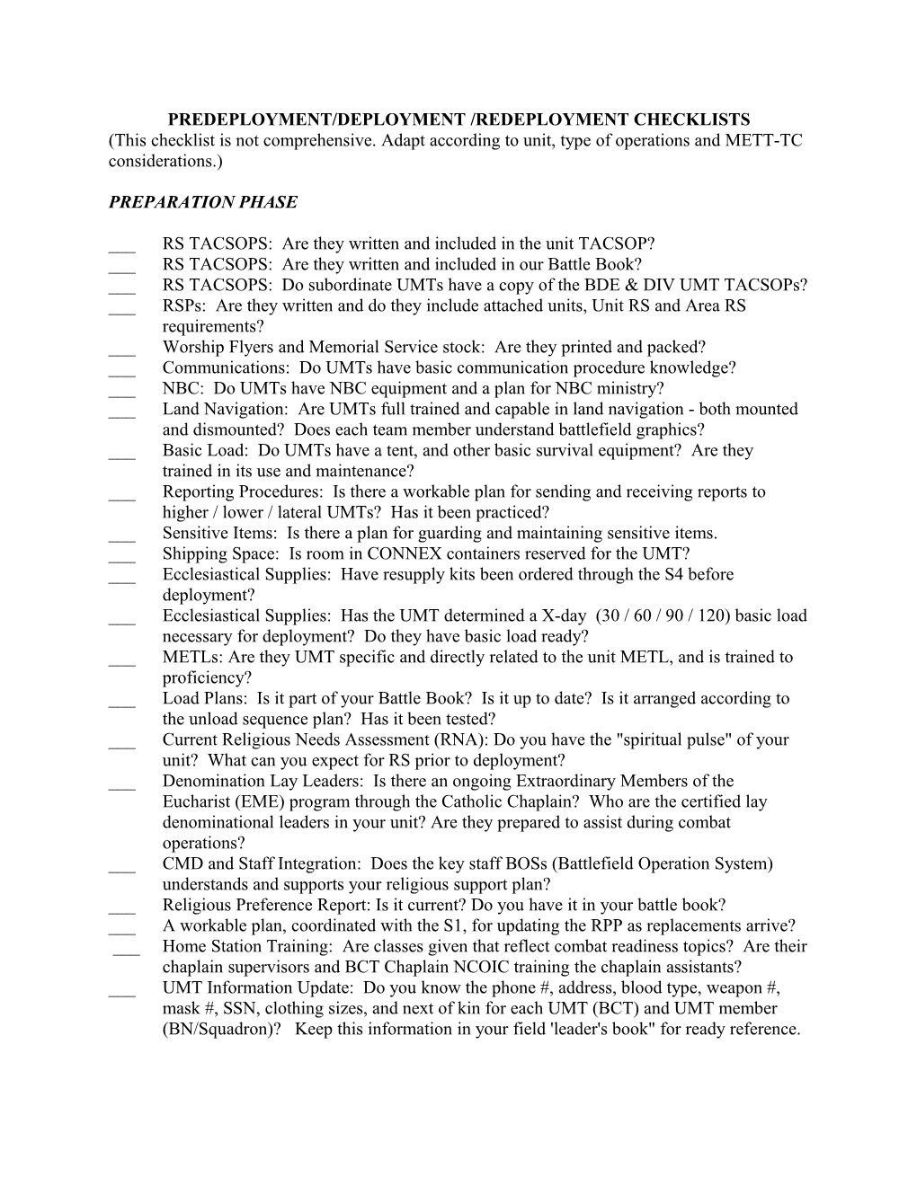 Predeployment/Deployment /Redeployment Checklists