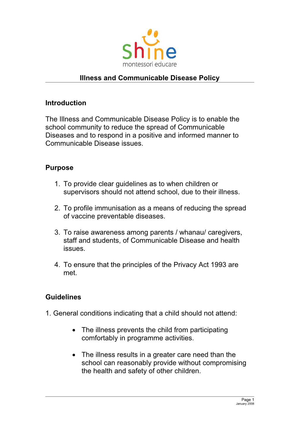 Illness and Communicable Disease Policy