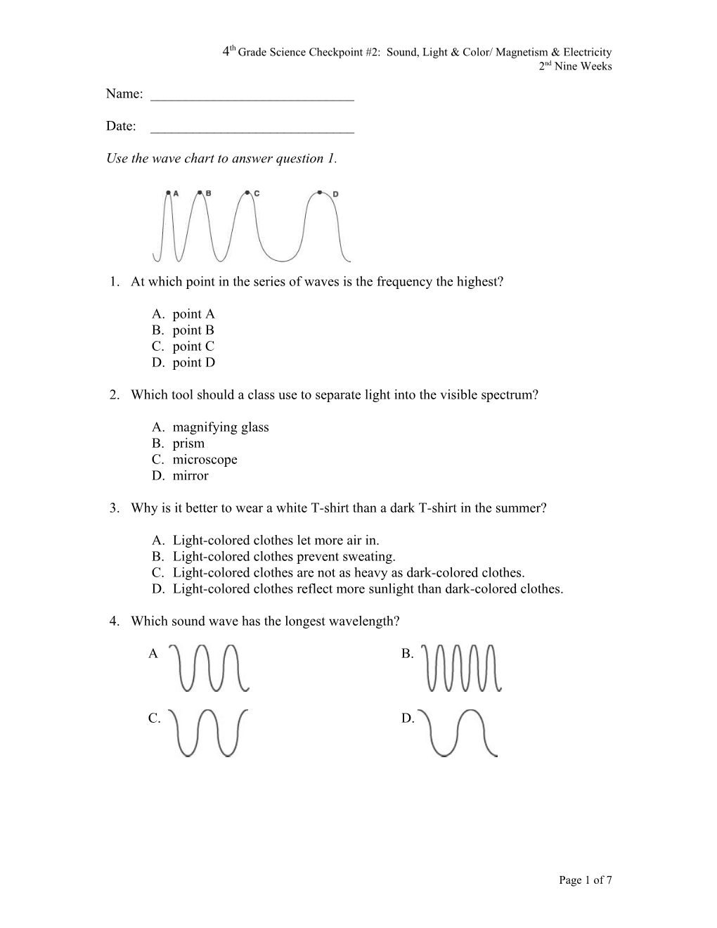 4Th Grade Science Checkpoint #2: Sound, Light & Color/ Magnetism & Electricity