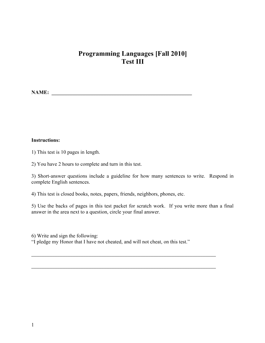 Programming Languages Fall 2010