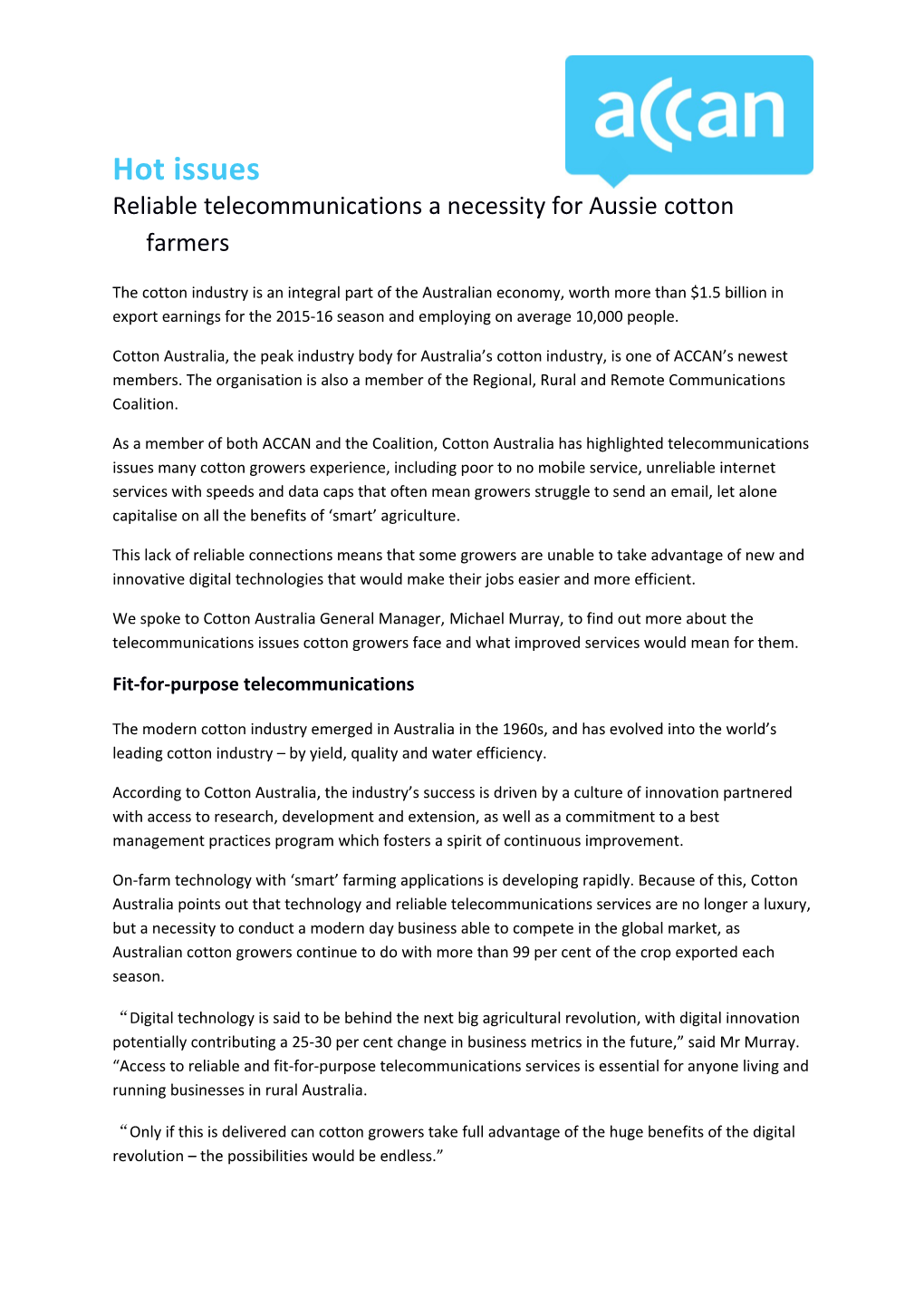 Reliable Telecommunications a Necessity for Aussie Cotton Farmers