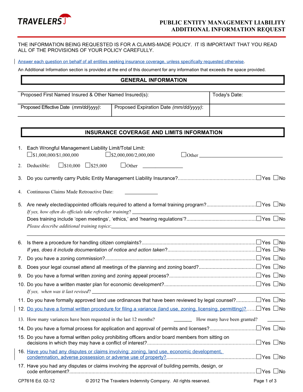 Public Entity Management Liability Additional Information Request