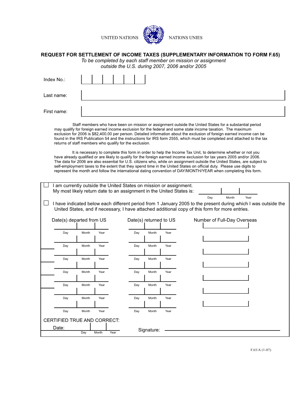 Request for Settlement of Income Taxes (Supplementary Information to Form F