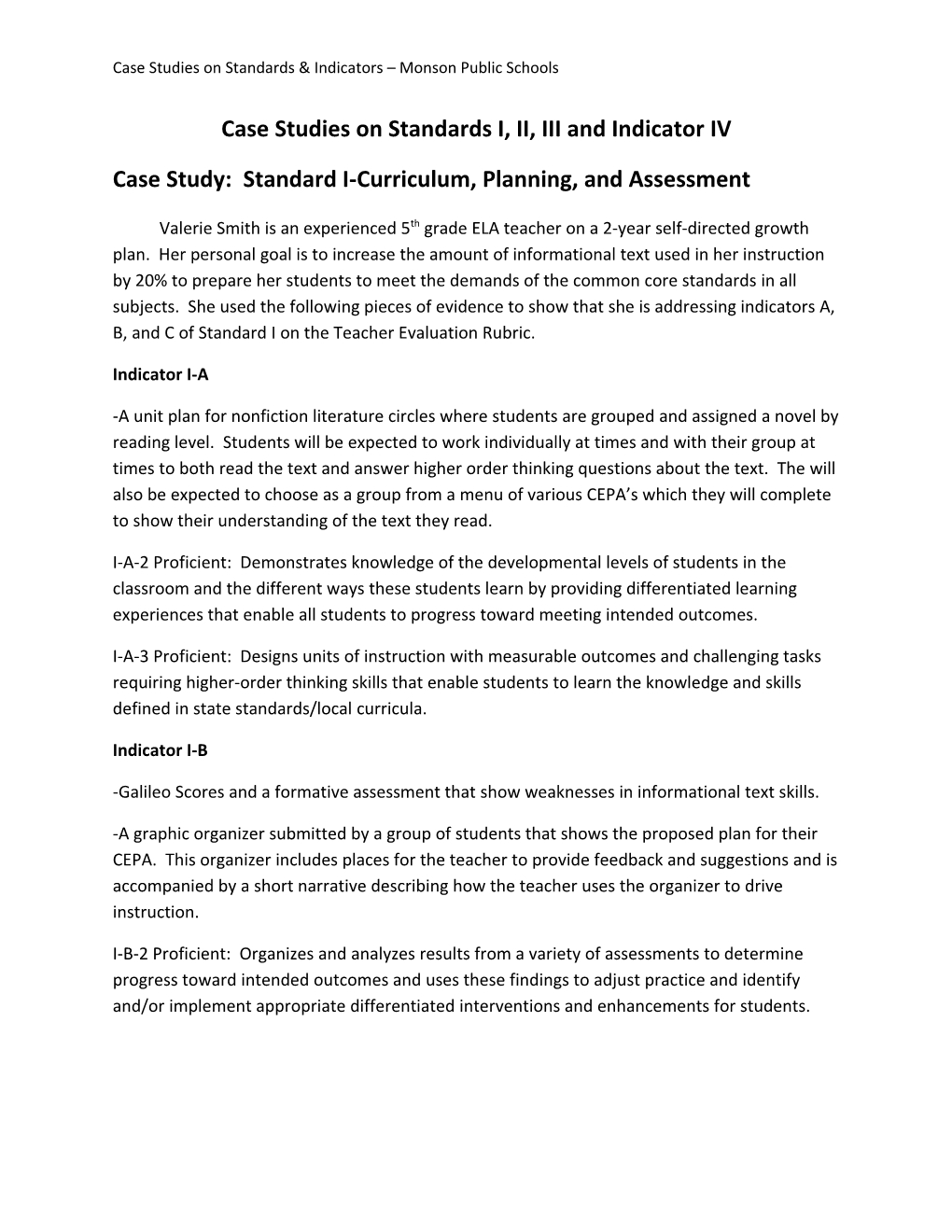 Professional Learning Network Monson Case Studies on Evidence Collection (Standards I,II