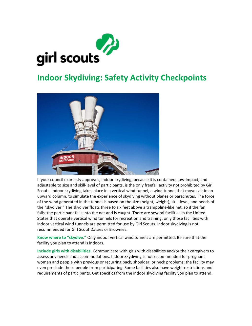 Indoor Skydiving: Safety Activity Checkpoints