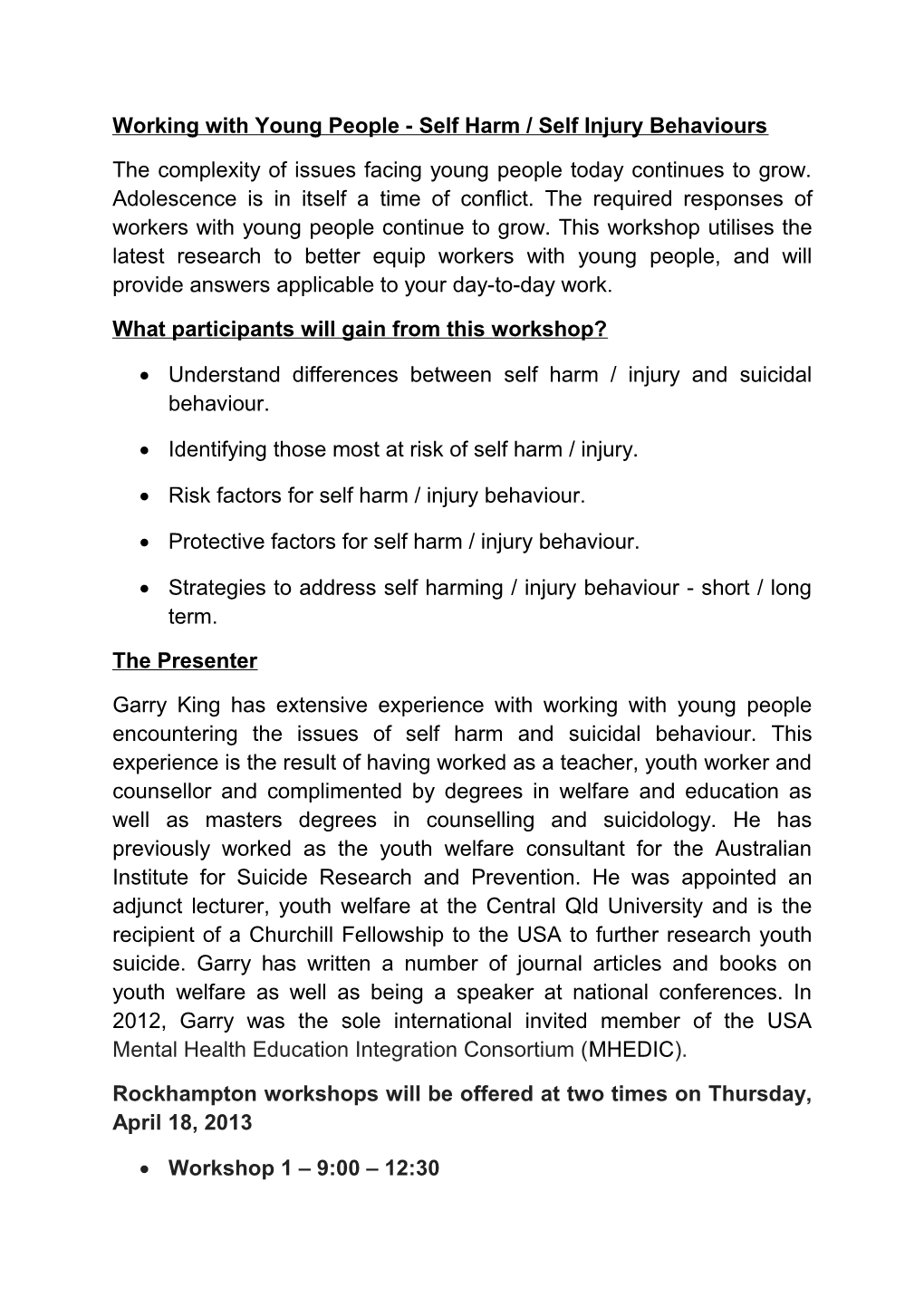 Working with Young People - Self Harm / Self Injury Behaviours