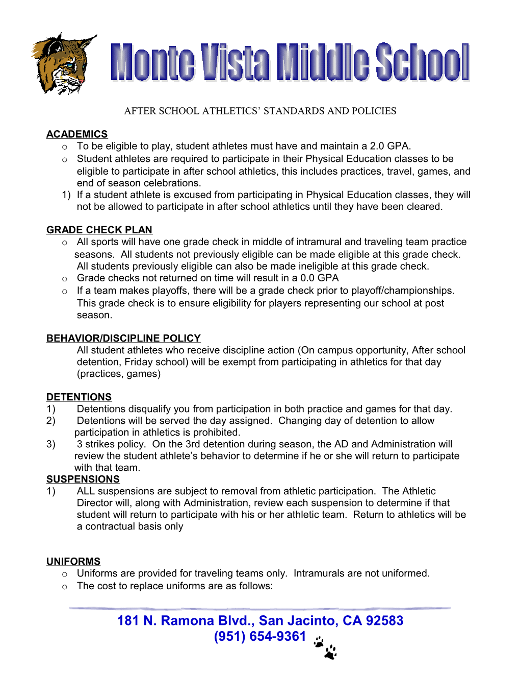 After School Athletics Standards and Policies