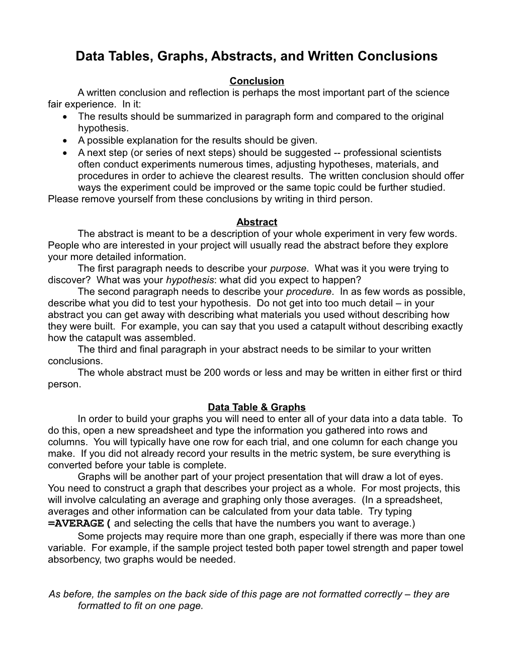 Data Tables, Graphs, Abstracts, and Written Conclusions