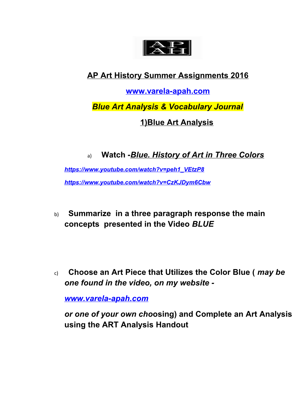 AP Art History Summer Assignments 2016