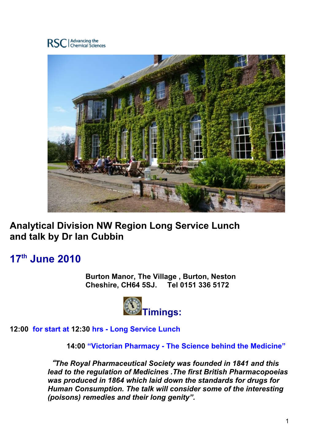 Analytical Division NW Region Long Service Lunch and Talk by Dr Ian Cubbin