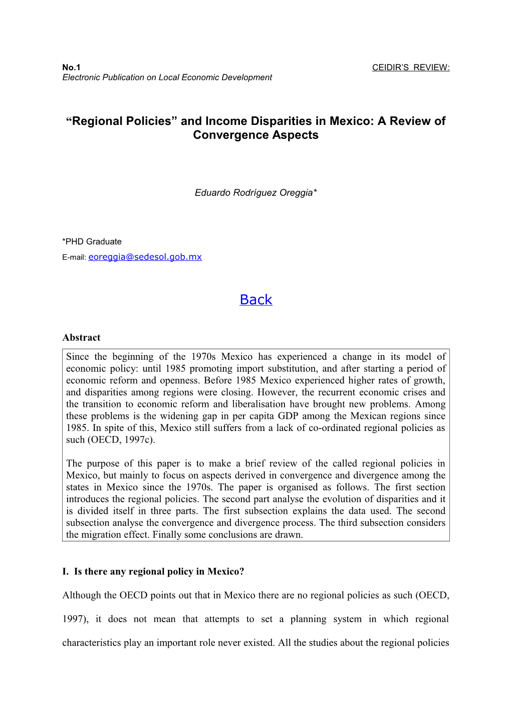 Regional Policies and Income Disparities in Mexico: a Review of Convergence Aspects