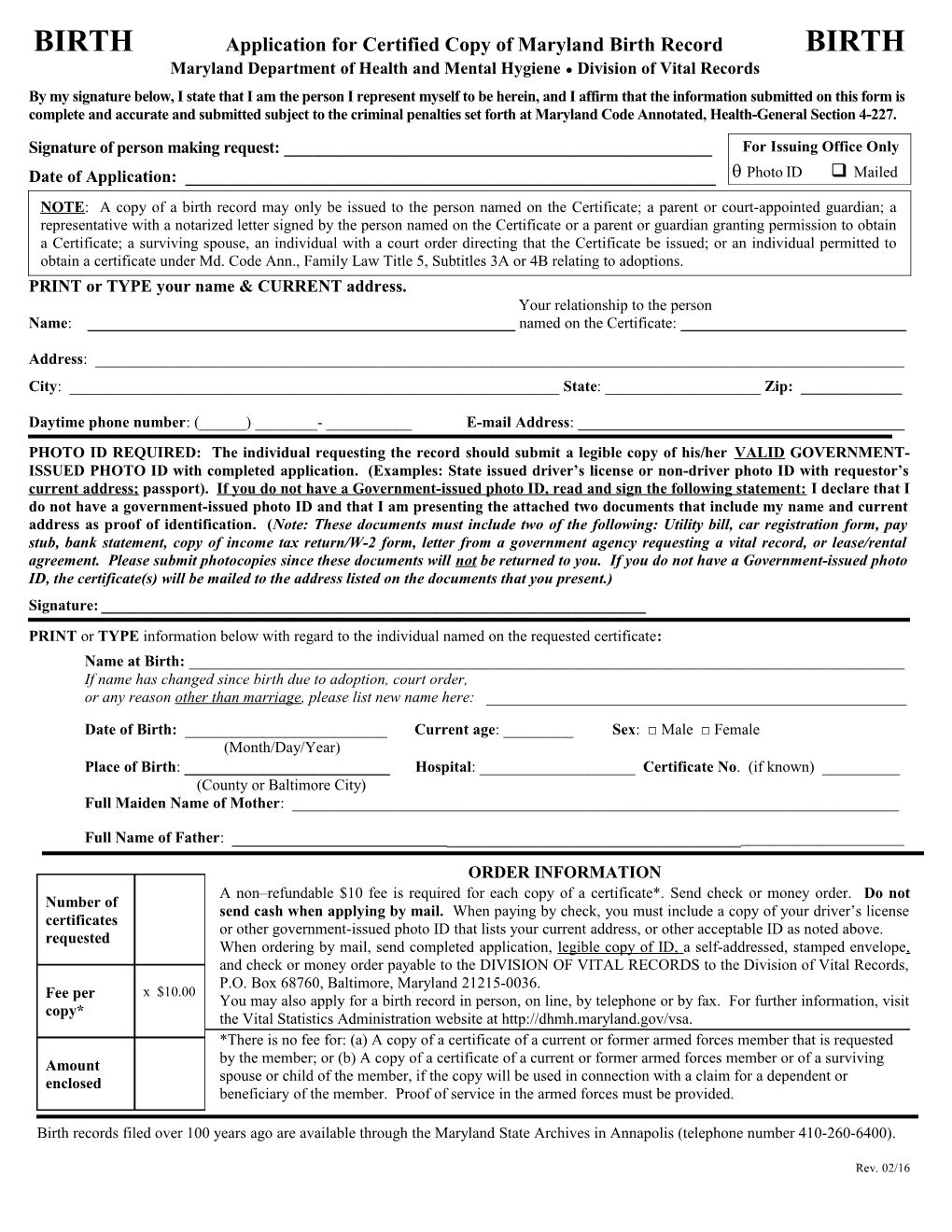 BIRTH Application for Certified Copy of Maryland Birth Record BIRTH