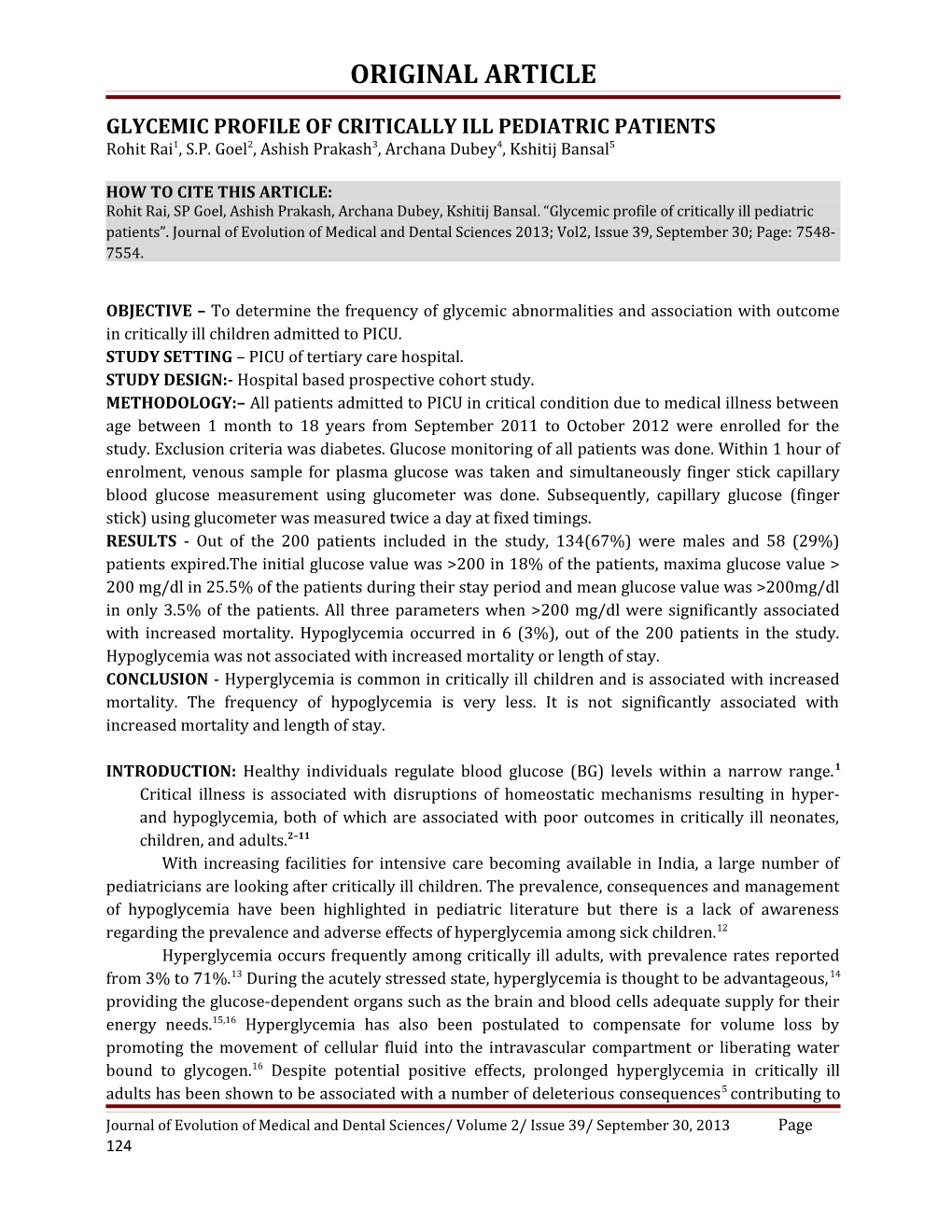 Glycemic Profile of Critically Ill Pediatric Patients