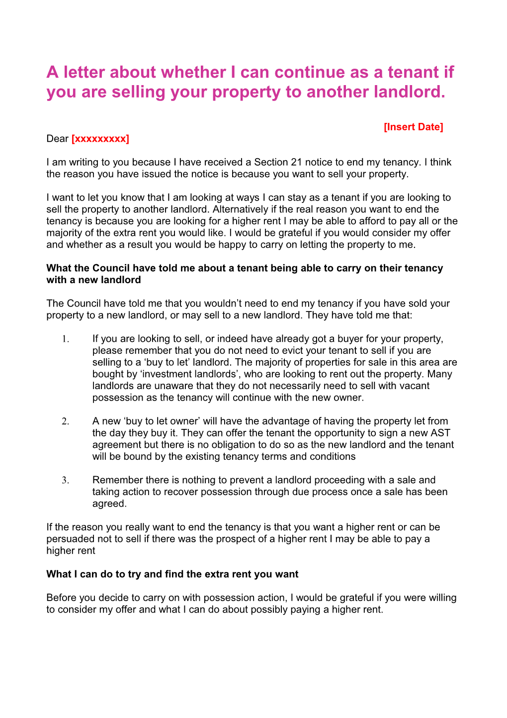 Template Letter - Asking to Stay As a Tenant If Your Landlord Is Selling Your Property