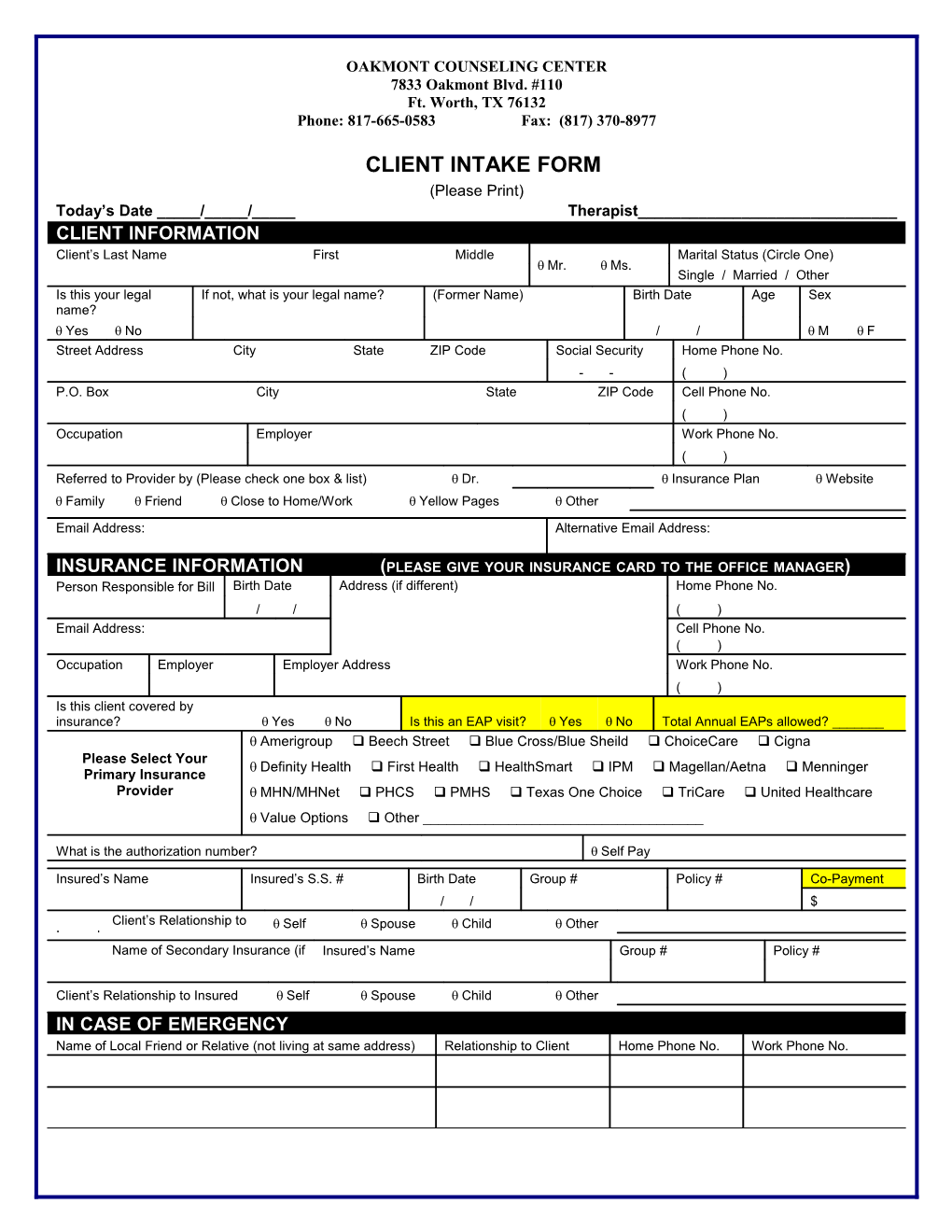 Cliet Intake Form