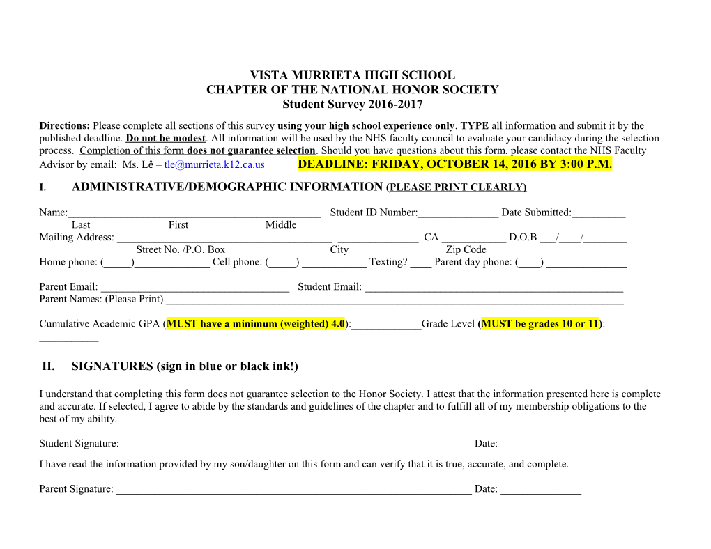 SAMPLE Student Activity Information Form