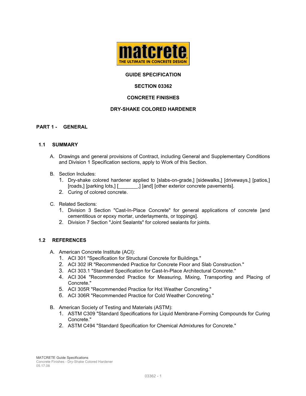 MATCRETE Dustone Color Hardener Guide Specifications