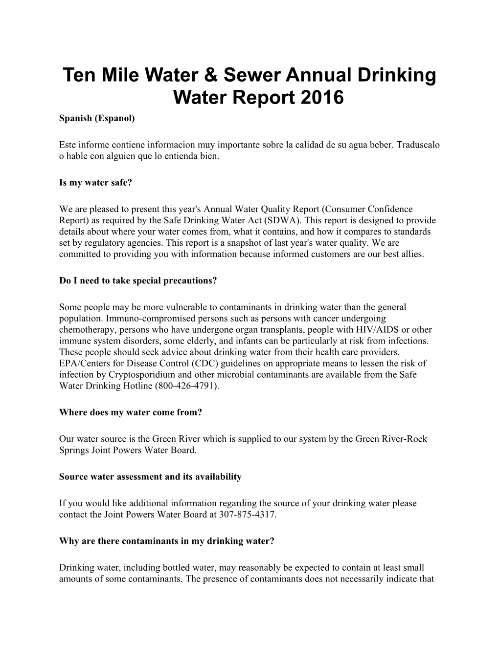 Ten Mile Water & Sewer Annual Drinking Water Report 2016