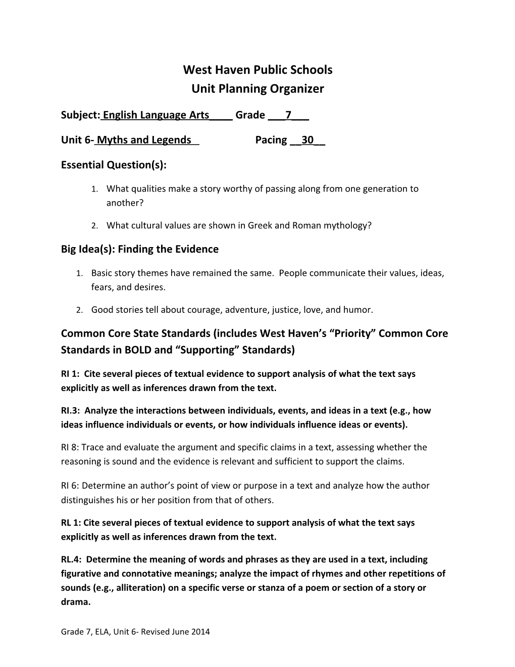 West Haven Public Schools Unit Planning Organizer