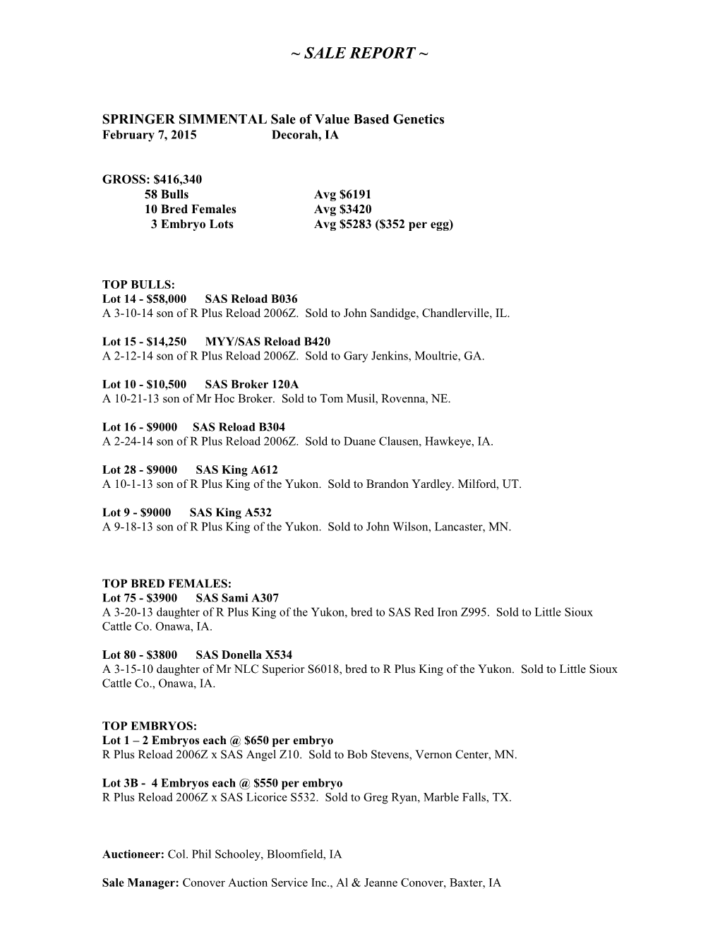 SPRINGER SIMMENTAL Sale of Value Based Genetics