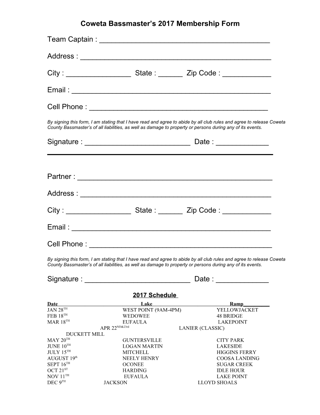 Coweta Bassmaster S Membership Form