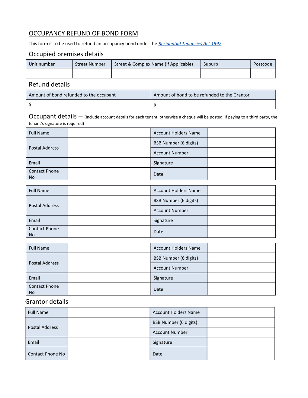 Occupancy Refund of Bond Form