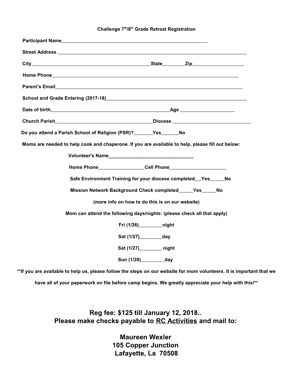 Challenge 7Th/8Th Grade Retreat Registration