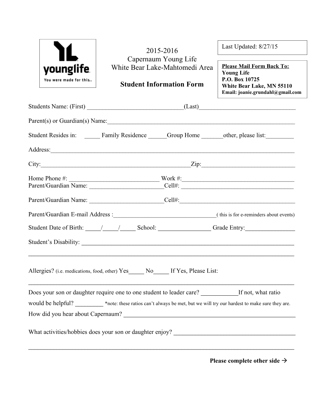 Capernaum Student Information Form 2015-16