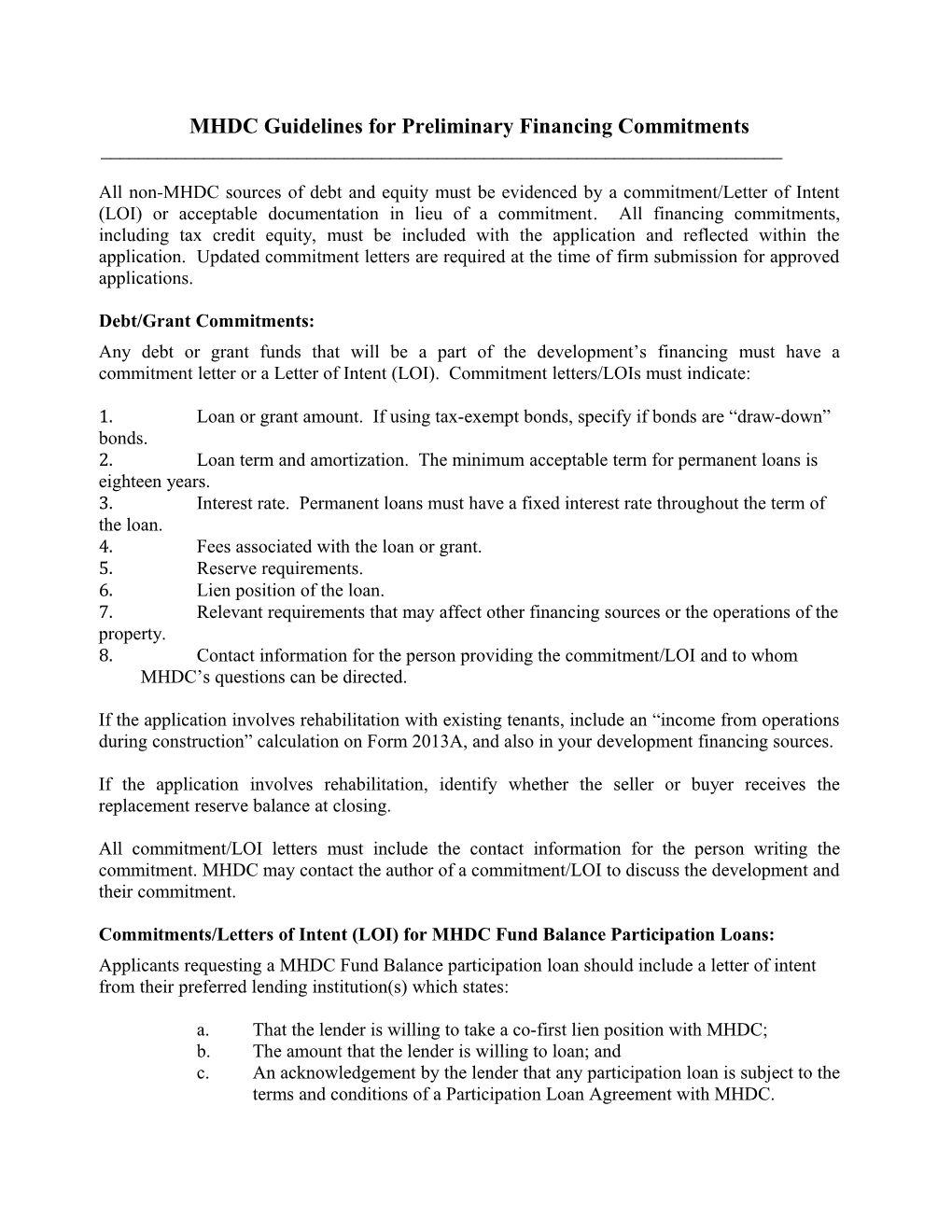 MHDC Guidelines for Preliminary Financing Commitments