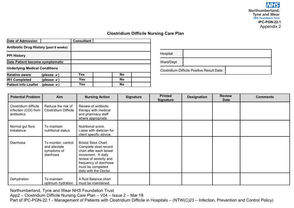 Clostridium Difficile Nursing Care Plan