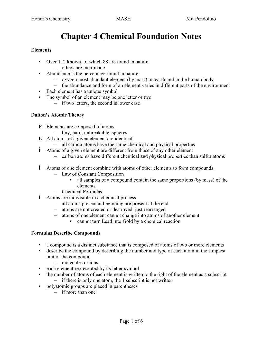 Chapter 4 Chemical Foundation Notes