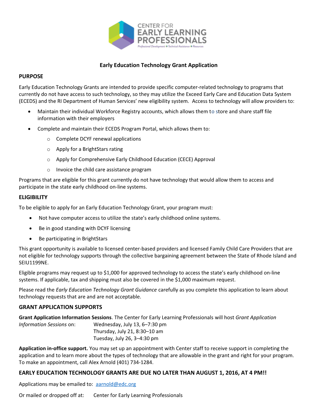 Early Education Technology Grant Application